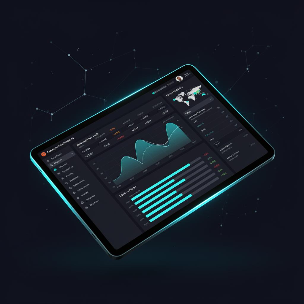 MROKX integrated software engineering dashboard — premium dark-mode analytics interface floating on tablet